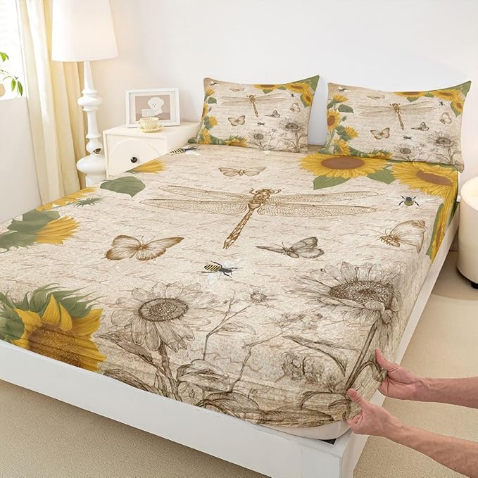 Dragonfly Queen Sheet Set Botanical Floral Fitted Sheet Sunflower Bedding Sets for Boys Girls Vintage Style Bed Sheet Wild Animals Dragonfly Flat Sheet Field Floral Fresh Natural Pastoral Bedding
