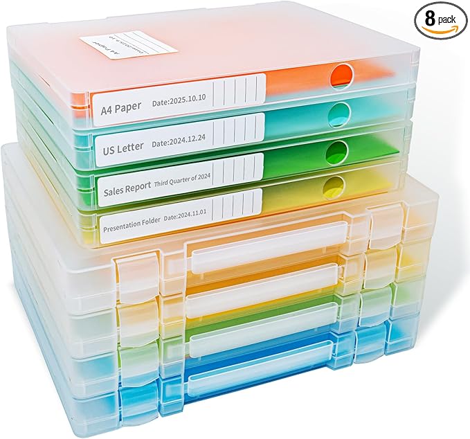 Mickiewicz 8 Packs Paper Storage Boxes, Plastic Multi-Purpose Thick Scrapbook Storage Box for Office,Craft or Art Supplies, 8.5 x 11 Plastic Portable Project Case for US letter Size and A4 paper