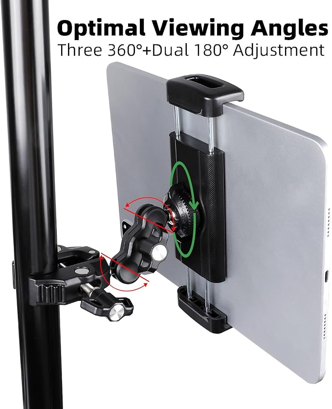 Tablet Holder for Microphone Stand/Treadmill/Spin Bike/Stroller/Golf Cart/Handlebar/Stationary Bike, Phone iPad Holder Mount for iPad Pro 12.9, Galaxy Tabs, iPhone(4.7-13”)
