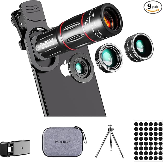 Phone Camera Lens Kit Upgraded Version Telephoto 28X Wide Angle 0.6X Macro 20X Fisheye 198° for Most