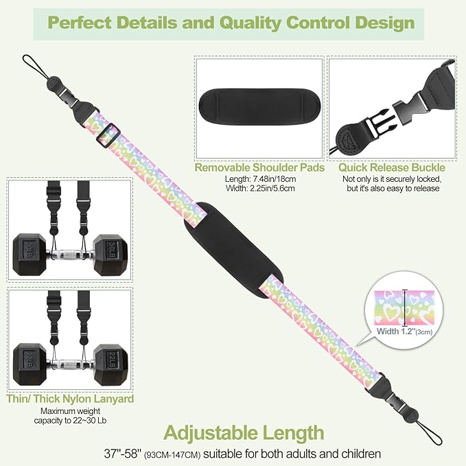 Universal Shoulder Strap, Removable Neoprene Padded Camera Strap, Adjustable Neck Lanyard for iPad, Binocular, Tablet Case, Camera, Luggage Bag (Rainbow Heart Universal Shoulder Strap)