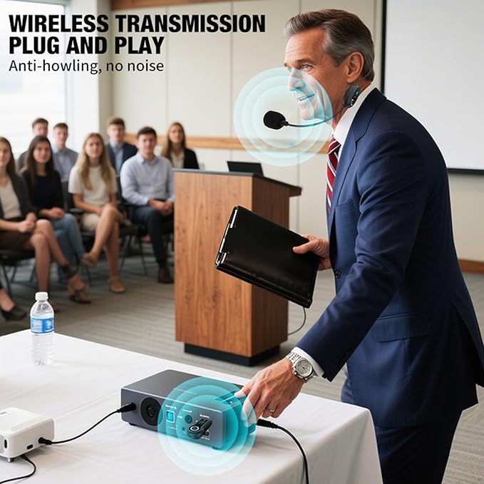 2.4G UHF Wireless Microphone System, Microphone Headset with 3.5mm 6.35mm Plug, Clear Sound Quality, Plug and Play, Wireless Mic for Speakers Fitness Instructor Tour Guides (1 for 2)