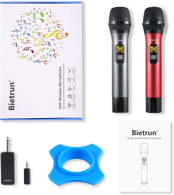 Bietrun UHF Wireless Microphone with 1/4'' Plug Rechargeable Receiver, 160 Feet, Professional Metal Dual Handheld Cordless Dynamic Mic System for Karaoke, Wedding, Singing, DJ, Party, Speech, Church