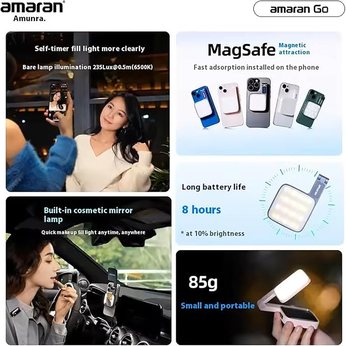 Magnetic Selfie Phone Light,Amaran Go Dual LED Light Source with Adjustable Mirror Light CCT 2700K-6500K,Rechargeable for Selfie,Makeup,Video Conference,TikTok,for iPhone & Android (Pink)
