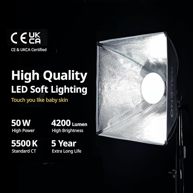 RALENO Softbox Photography Lighting Kit, 16'' x 16'' Softbox Lighting for TikTok with LED Bulb (50W | 5500K | 97 CRI | TLCI≥97), Continuous Light for Video Recording & Photography Shooting