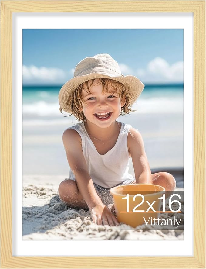 Vittanly 12x16 Picture Frame, Made of Solid Wood and Shatterproof Plexiglass, Display Pictures 11x14 with Mat or 12x16 without Mat, Wooden Photo Frame for Wall Mounting, Natural, 1 Pack