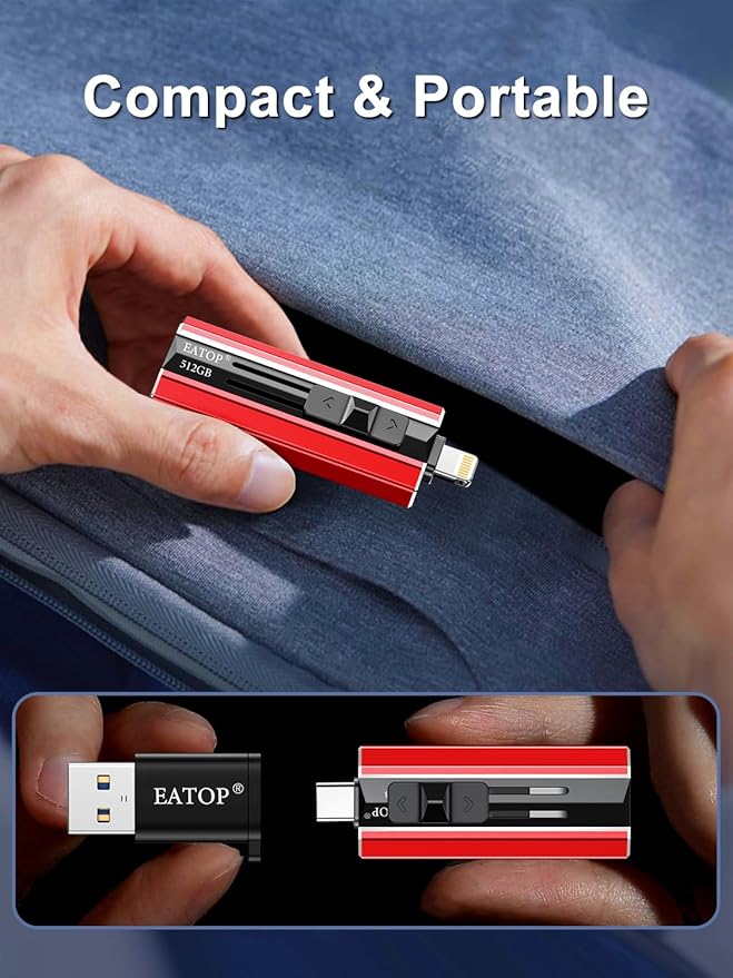 EATOP 512GB Flash Drive Intended for iPhone iPad, Memory Stick Storage for Photos and Videos Backup, Compatible with iPhone iPad Android PC, Plug and Play, No Application Required (Red)