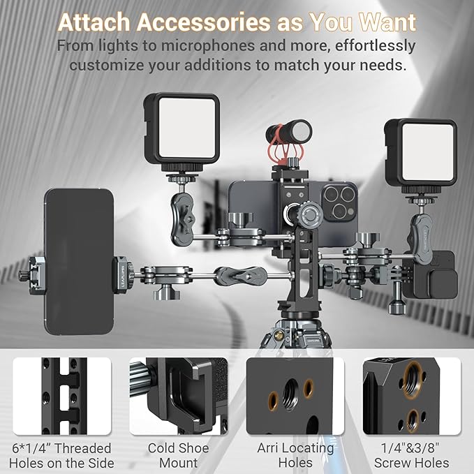Metal Phone Mount for Tripod with 2 Cold Shoes & Arca Port,Phone Holder Stand with 4 * 1/4" Screw Mount,Support Vertical & Horizontal Rotate Suitable for iPhone 17 Pro/16Pro/15Pro/14/13