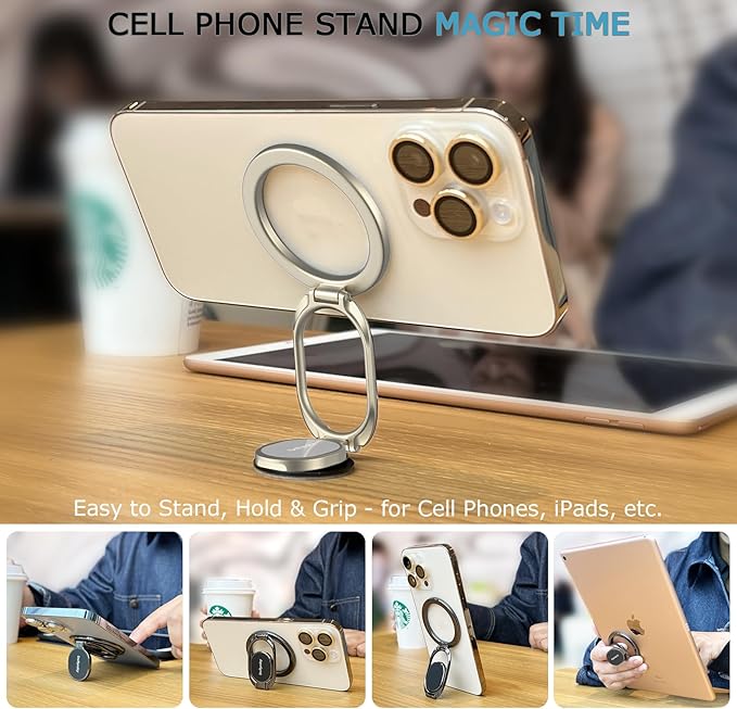 Magnetic Phone Grip for MagSafe Ring Holder, Metal Double Adjustable Gym Finger Ring Grip Kickstand, Removable Phone Grip for iPhone, iPad and Smartphones (Natural Titanium)