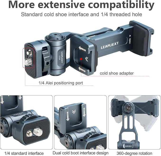Camera Phone Holder, Metal Material, Horizontal and Vertical Rotation, Parallel 360 °, with Cold Shoe Interface Bottom 1/4 Screw, Suitable for Rabbit Cages, Handheld Selfie Videos