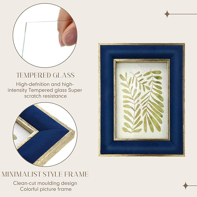 Kathfly 2 Pcs Navy Blue Velvet Picture Frame 4 x 6 Inch Vintage Photo Frame with Gold Metal Edge Horizontal & Vertical Mount for Poster Artwork Puzzle Tabletop Wall Display Christmas Home Office Decor