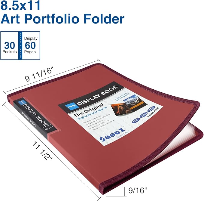 Sooez 30-Pocket Binder with Plastic Sleeves 8.5x11 (Red), Heavy Duty Art Portfolio Folder with Clear Sheet Protectors, Display 60 Pages, Presentation Book for Artwork, Document Organizer Binder