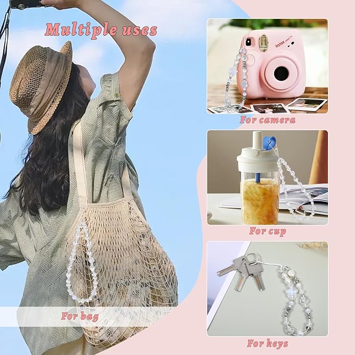 Pink Beaded Phone Wrist Straps, Y2K Phone Case Charms Camera Charm Strap, Lanyard Keychain Wristlet Aesthetic Cellphone Charm