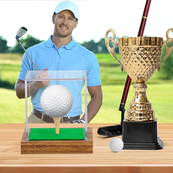 Hooqict 2 Pack Golf Ball Display Case Clear Acrylic Golf Ball Case Display with Wood Base & Tee Ball Holder Stand UV Protected Square Cube Box Golfball Collections