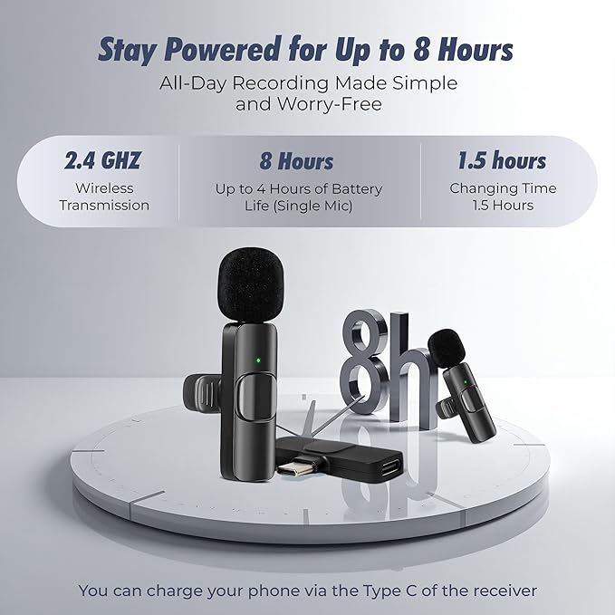 Wireless Lavalier Microphone 2-Pack – Compatible with iPhone, iPad, iOS, Android – Mini Mics with USB-C, Noise Reduction Lapel Mic for Video Recording, Vlogging, YouTube, TikTok (Black)