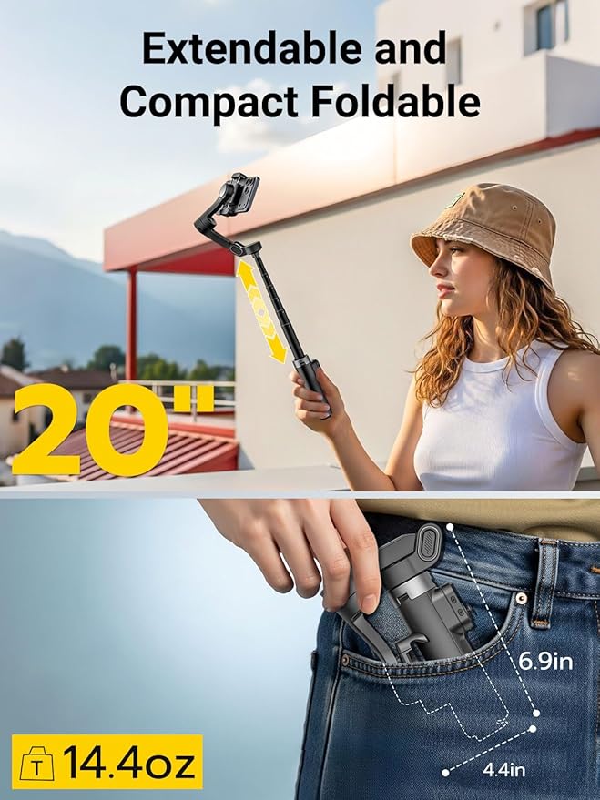 AOCHUAN 360° Pan Rotation Gimbal Stabilizer for iPhone, Magnetic Remote Control, 3-Axis Stabilizer w/Built-in Extension Rod & One-Touch Open Tripod, 3-in-1 Foldable Phone Gimbal for Vlogging, Travel