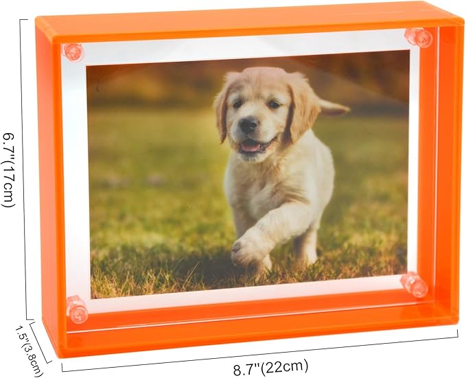 Gelite Acrylic 5X7 Picture Frame to Display 5x7 4x6 Pictures Mat-free Neon Floating Photo Frame for Wall and Tabletop, Neon Orange