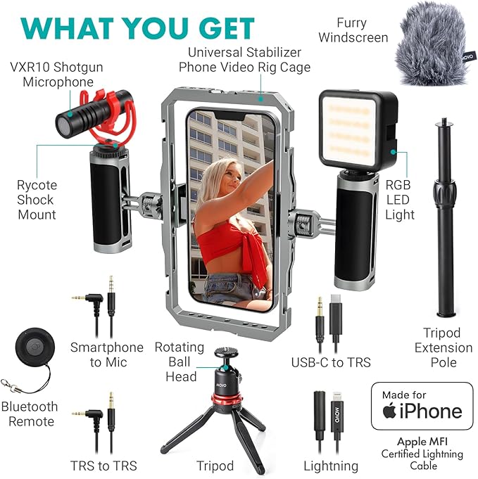 Movo iFilmer-PRO Smartphone Video Rig Kit – Stabilizer Cage with Dual Grips and VXR10 Shotgun Microphone for iPhone/Android