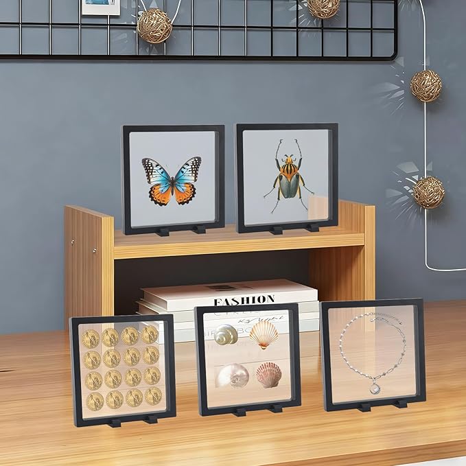 10 Pcs Floating Frame Case with Stands 7x7x0.8 in, Black Challenge Coin Display,Transparent PE Jewelry Storage Box, Floating Display Holder Stands for Antique Challenge Coins Medallion Fossil Specimen