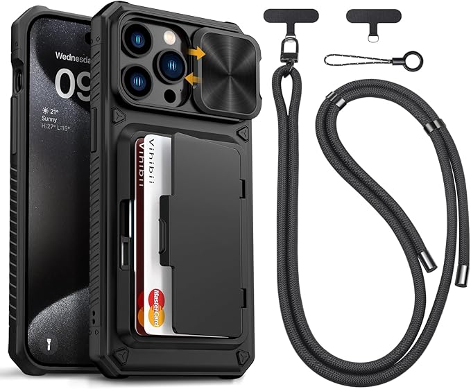 Vihibii for iPhone 15 Pro Max Case with Crossbody Lanyard Strap, Build-in Card Holder (4 Cards) & Slide Camera Cover & Kickstand, Military Grade Drop Protection, Hard Back & Soft Edge Case, Black