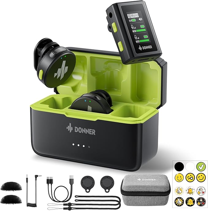 Donner Wireless Lavalier Microphone VPM-20 Camera Vesion, with Charging Box, Dual-Channels Mics, 3.5mm TRS Jack, Plug-Play, 1000ft Range, 48KHz 24Bit, Noise Cancellation, 40h Use Max