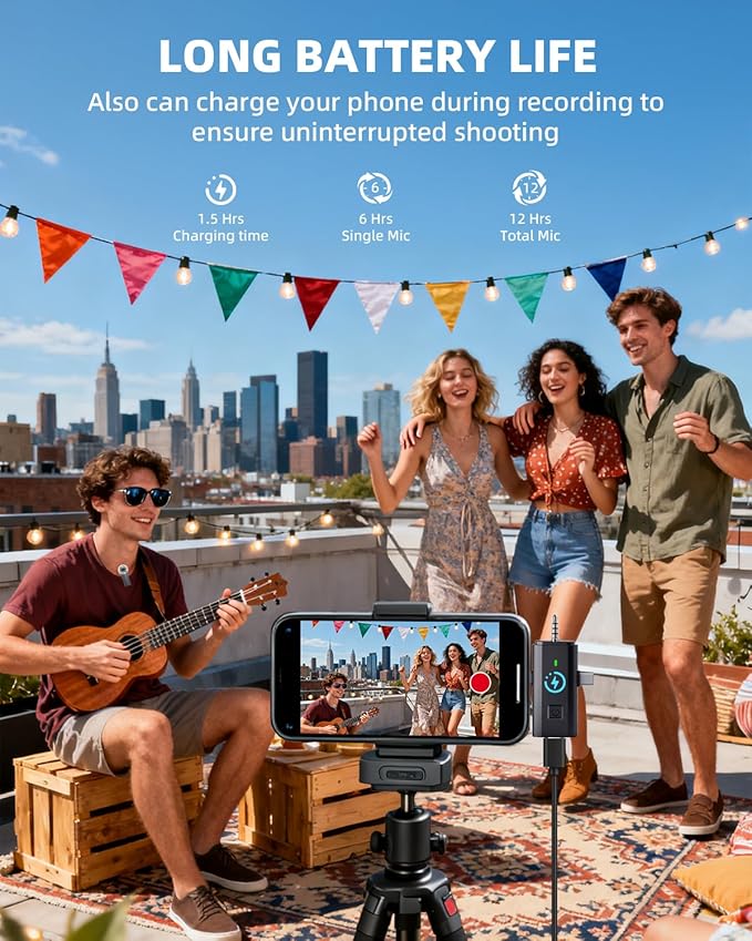 3-in-1 Mini Microphones: Wireless Lavalier Microphone with AI Noise Reduction for iPhone 15/14/13/12, Android, Cameras 12H Battery, Plug and Play Wireless Microphones for Vlog/YouTube/TikTok/Live