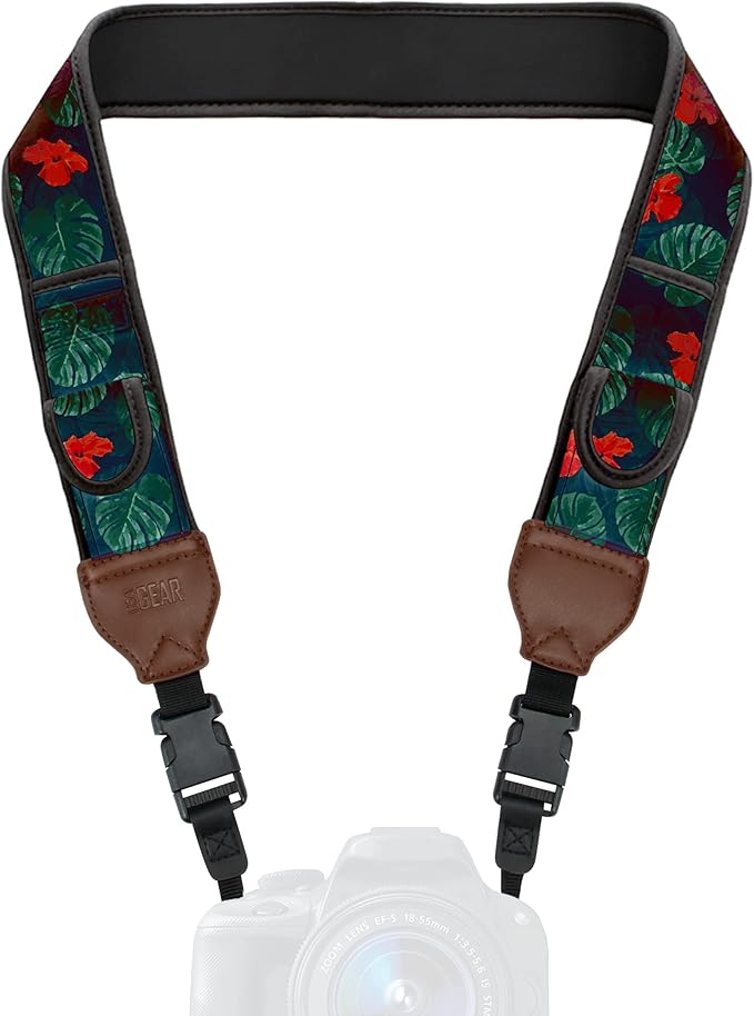 USA Gear TrueSHOT Camera Strap Neoprene Camera Straps - Padded Neck Strap, Pockets, and Quick Release Buckles - Compatible with Canon, Nikon, Sony and More DSLR and Mirrorless Cameras (Tropical)