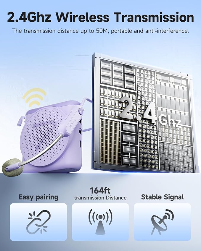 7RYMS WA1 Wireless Voice Amplifier for Teachers, Elderly with Headset Microphone, Personal Classroom Amplifier-Noise Canceling, 23H Working, 164ft Range, Mini Pa System for Teaching Tour Guide Yoga