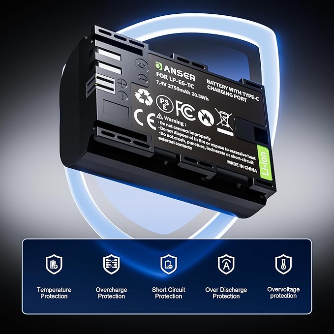 3 Pack LP-E6N LP E6 Battery Replacement with USB Charging, 2750mAh x3 Type-C Charging Rechargeable Camera Battery for Canon EOS 5DS R5 R6 R7 6D 7D Mark II III IV 60D 70 80D 90D XC10 XC15