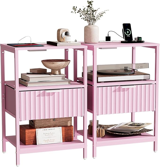 Bonnlo Fluted Nightstand Set of 2, End Table with Fabric Drawer with Charging Station, Night Stand with Storage Shelf & Handle, Fluted Side Table for Bedroom/Living Room,Pink