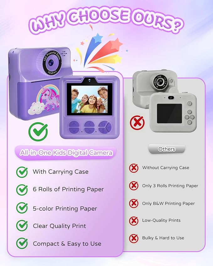 Instant Print Camera for Kids, Digital Selfie Cameras with Carry Case & 5-Color Paper, Portable Toddler Toy Christmas Birthday Gifts for 3 4 5 6 7 8 9 10 11 12 Year Old Girls - Purple