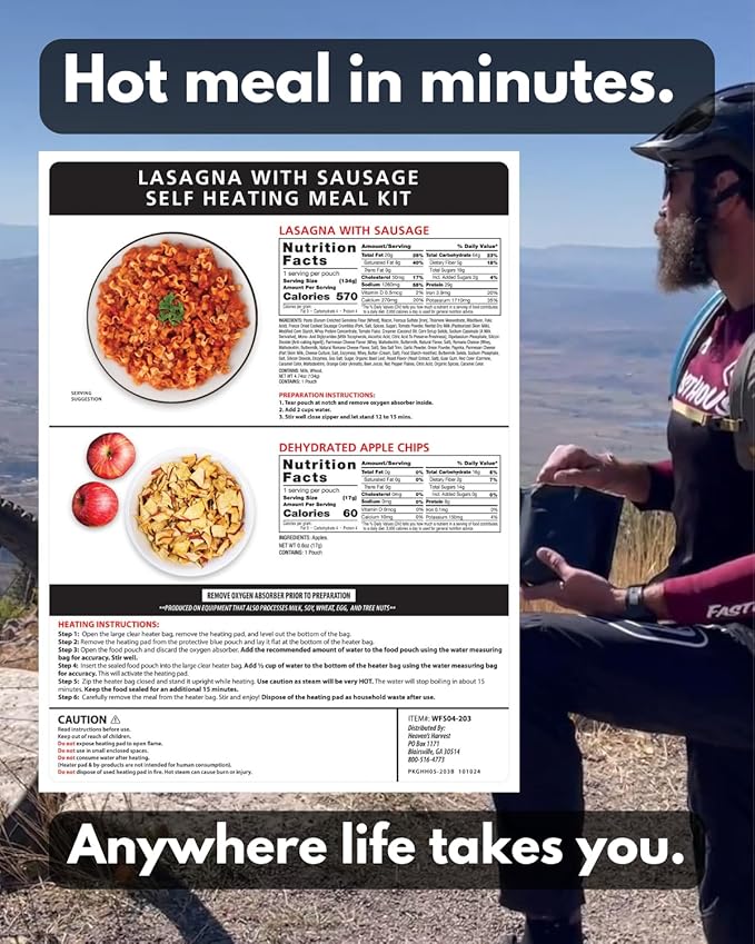 Heaven's Harvest Self-Heating Emergency Meal Kit (10 Year Shelf Life) — Tastier than MRE Meals & Ready-To-Eat in Minutes! Just add water to activate the “cooking” process. (Lasagna w/Sausage) (6-Pack)