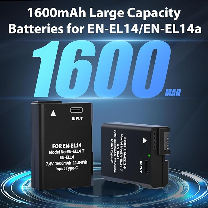 LP EN-EL14 EN-EL14a Battery 1600mAh 2-Pack with USB-C Fast Charging Cable for Nikon D3100 D3200 D3300 D3400 D3500 D5100 D5200 D5300 D5500 D5600 DF Coolpix P7000 P7100 P7700 P7800 Cameras