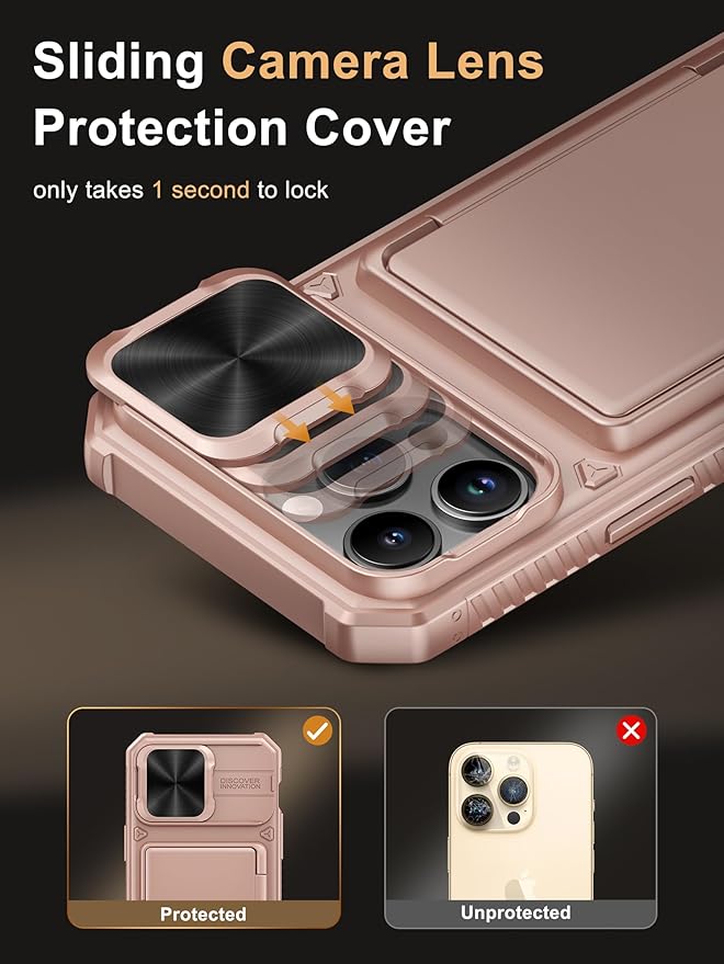 Vihibii for iPhone 14 Pro Max Case with Card Holder (4 Cards), [RFID Blocking] & Slide Lens Camera Cover, Military Grade Drop Protection, Rugged Heavy Duty Wallet Phone Case, 6.7" 2022, Rose Gold