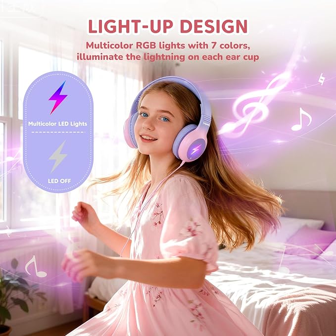 USB C Headphones Wired, Kid Headphones with LED Light, Over Ear USB-C Wired Headphone with Microphone, 85/94dB Volume Limit, USB Type C Headphone for Boys/Girls/School/Travel, Purple Gradient