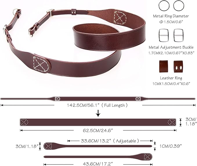 MY MEMORY Handmade Genuine Leather Camera Strap,Adjustable Camera Neck Shoulder Strap for All SLR and DSLR-Dark Brown