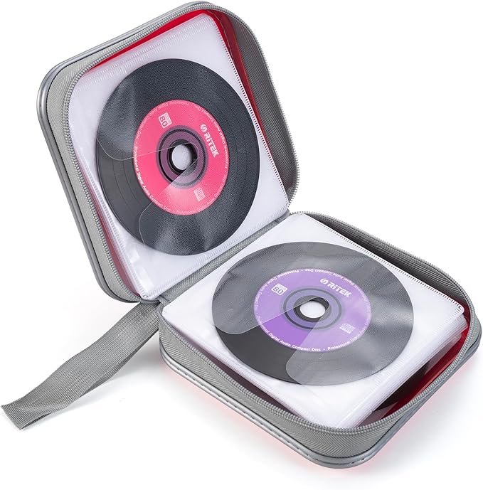alavisxf xx CD Case, 48 Capacity Hard Plastic DVD Case Portable Zipper CD Holder Large Storage Disc Wallet Bag for Car Home Travel (Red, 48 Capacity)