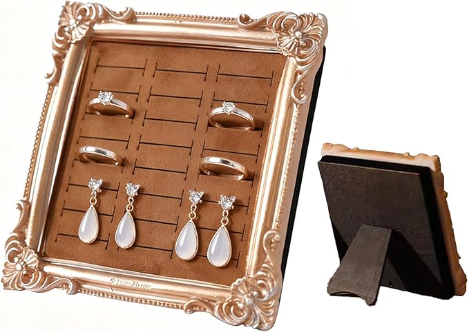 2PCS Jewelry Display Stand Vintage Ring Holder Box Earring Tray Retro Picture Frame Style Ring OrganizerJewelry Frame with Velvet