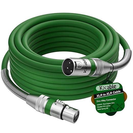 XLR Microphone Cable 25 FT, XLR Male to Female Balanced Mic Cable, 3-Pin Shielded Speaker Cord, Zinc Alloy Connectors, 22AWG Pure Copper, Metal Spring SR, Recording Studio, Podcast, Green