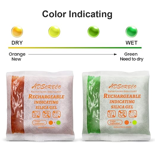 Adsorbco Rechargeable Desiccant, Indicating Silica Gel Packets, Moisture Absorbers for Storage, Gun Safe Dehumidifiers (160, 3g)