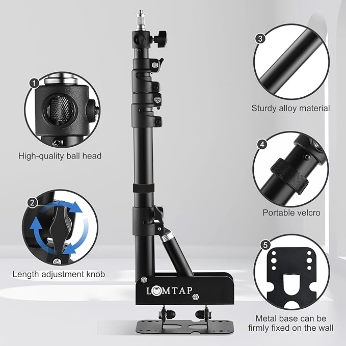 LOMTAP Ring Light Wall Mount Adjustable 45.7" Boom Arm Stand for Photography Lighting Studio, Camera Triangle Wall Mount, Sturdy Alloy Support for Salon, Tatto Light, Barber Shop, Strobe
