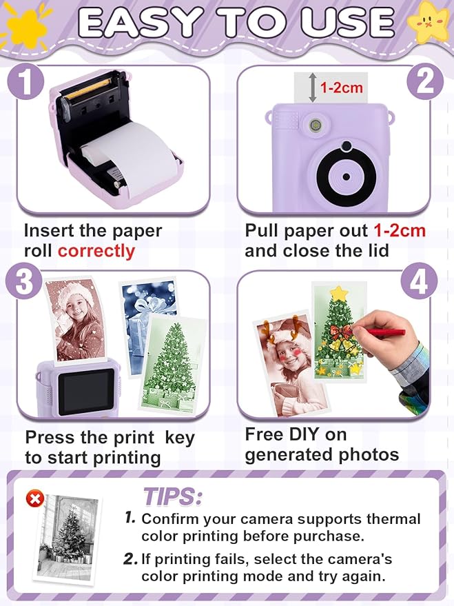 White-Based 3 Colors Thermal Paper for Kids Camera Instant Print - HD Photo Printer Paper for Kids Aged 4 5 6 7 8 9 10 Boys Girls Birthday Gifts (18 Rolls)