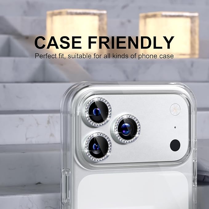 Choiche Compatible for iPhone 17 Pro/iPhone 17 Pro Max Camera Lens Protector Bling, 9H Tempered Glass Camera Cover Screen Protector Metal Ring Decoration Accessories (Diamond-Silver)