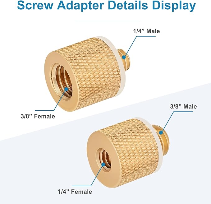 2 Pack Camera Screw Adapter, 1/4" Male to 3/8" Female & 3/8" Male to 1/4" Female Thread Adapter Set for Tripod Stand, Microphone Stand, Mic Mount, and Camera Monitor (Brass)