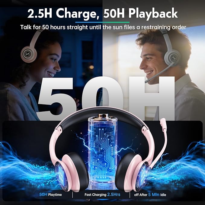 Wireless Headsets with Microphone, Ultra Lightweight& 50+ Playtime, Wireless Headset for Cell Phones, On Ear Bluetooth Headphone Fit for PC/Call Center/Computer/Laptop/Teams - Light Pink