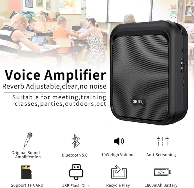 SHIDU Mini Voice Amplifier Portable Rechargeable Bluetooth Speaker with Wired Microphone Headset 10W 1800mAh PA system Supports MP3 Format Audio for Teacher, Taxi Driver, Coaches, Training, Tour Guide