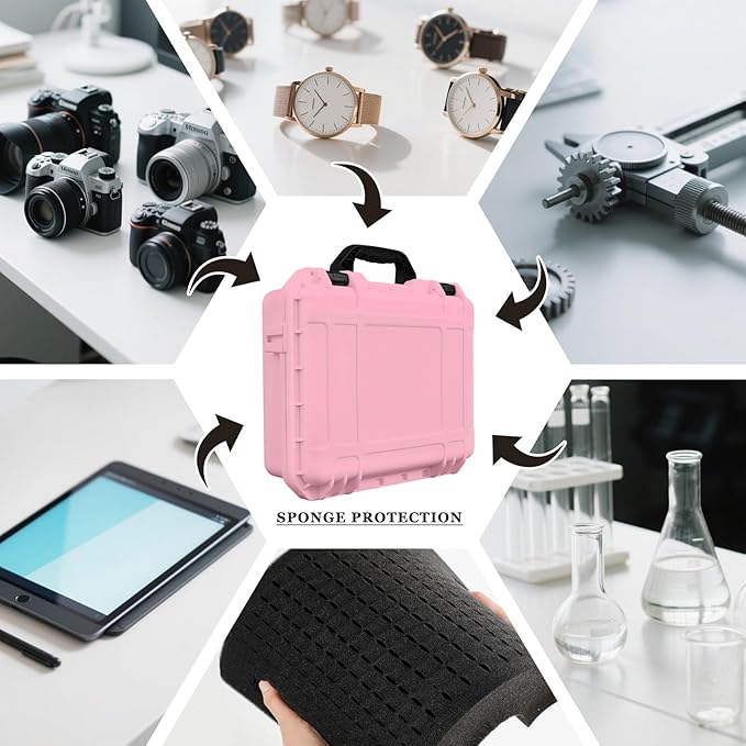 Relaxweex 1 Pcs 16.3 x 12.4 x 6.5 Inch Waterproof Hard Case with DIY Customizable Foam Insert Portable Protective Case with Knife for Camera Drones Equipments Tools Test Instruments (Pink)