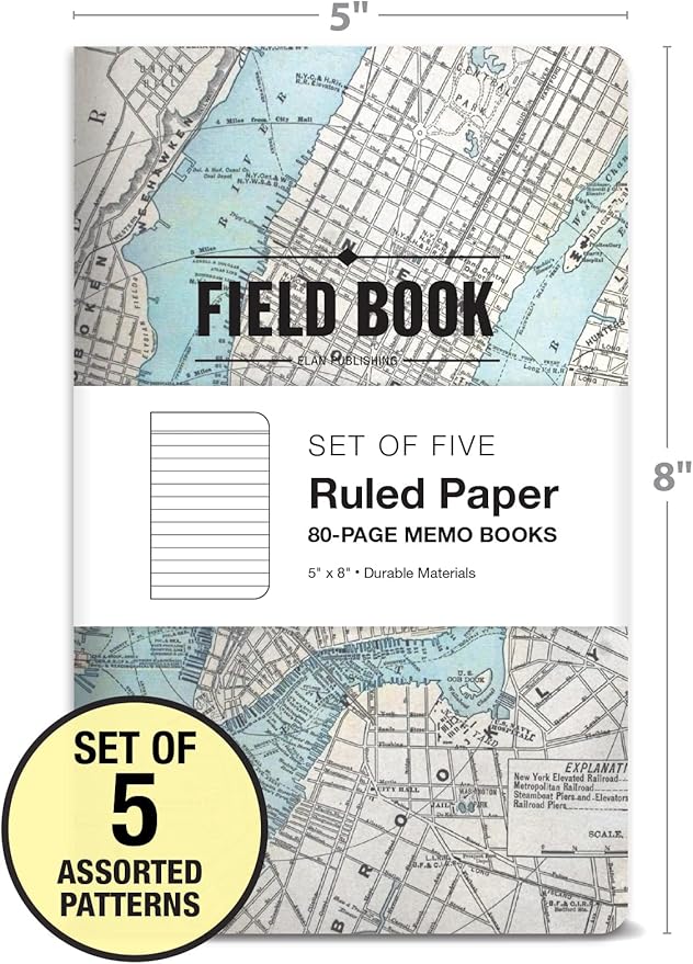 Elan Publishing Company Field Notebook/Journal - 5"x8" - Maps Covers - Lined Memo Book - Pack of 5