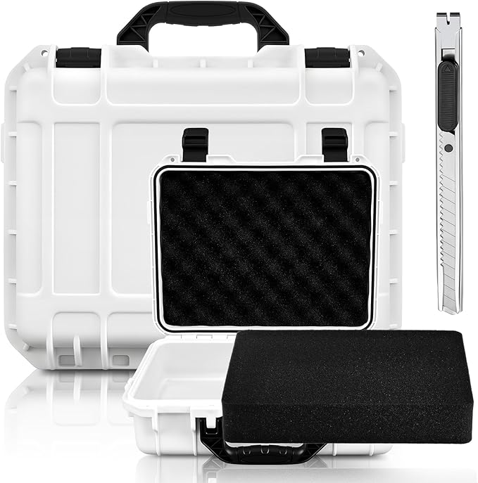 Relaxweex 1 Pcs 14.3 x 11.4 x 4.5 Inch Waterproof Hard Case with DIY Customizable Foam Insert Portable Protective Case with Knife for Camera Drones Equipments Tools Test Instruments (White)