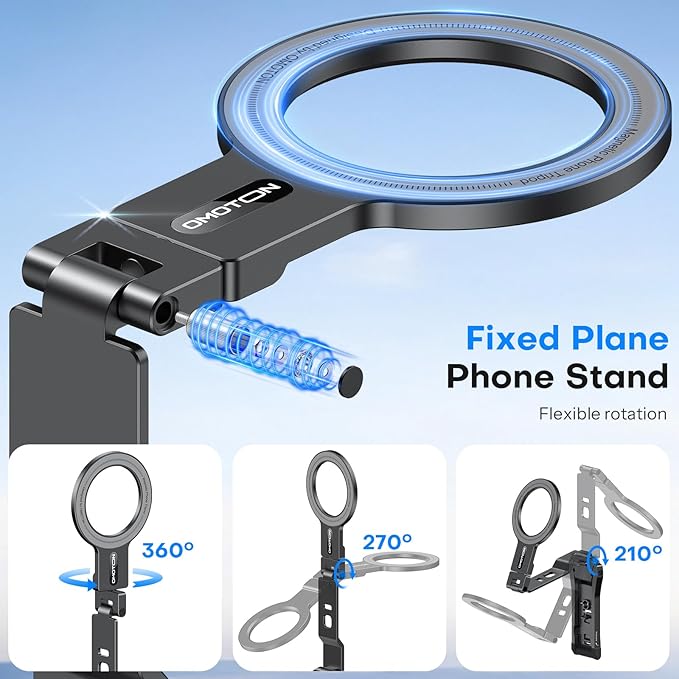 OMOTON TP03 [Ultra-Slim] for MagSafe Tripod, 360°Rotating Magnetic Phone Tripod for iPhone 17/16/15 Pro Max Air, Foldable Cell Phone Stand with 1/4" Screw & Hook Fits Vlog, Gym, Travel Essentials